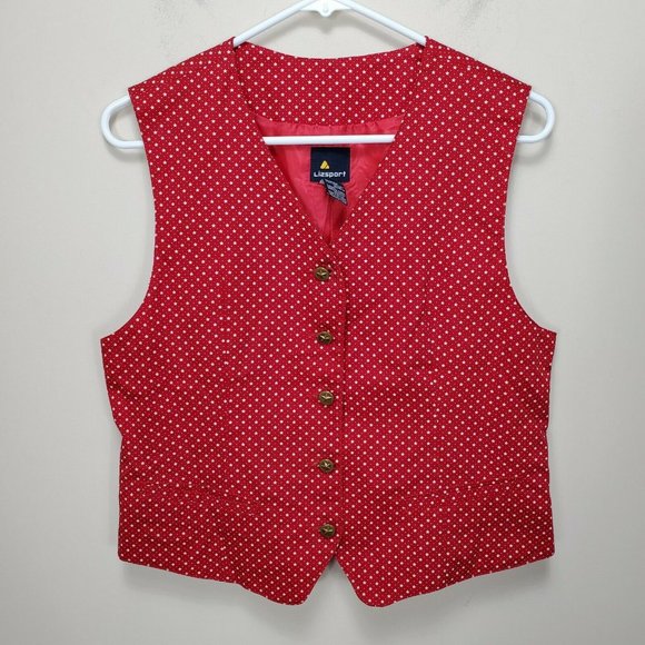 Vintage LIZ SPORT Ladies RED white Star Vest Size 4 Button Front back  tightener